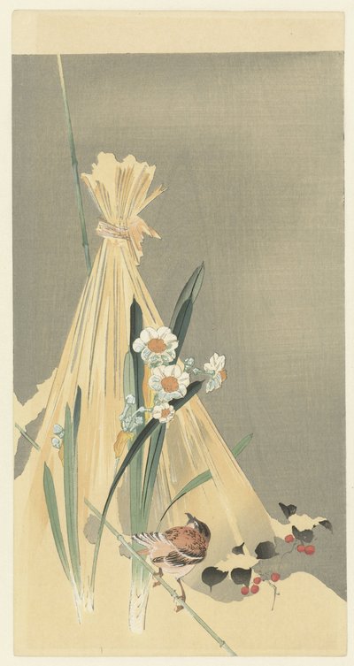 Énekesmadár a szénakötegben alkotó: Ohara Koson (attributed to)