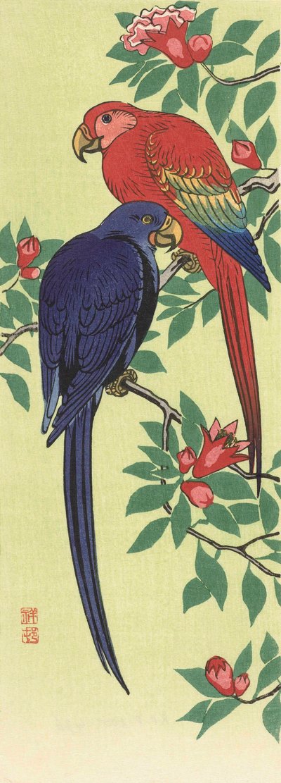 Egy vörös és egy kék papagáj, Ohara Koson japán művésztől alkotó: Ohara Koson