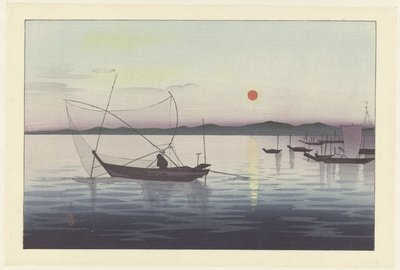 Hajók és a lenyugvó nap. alkotó: Ohara Koson
