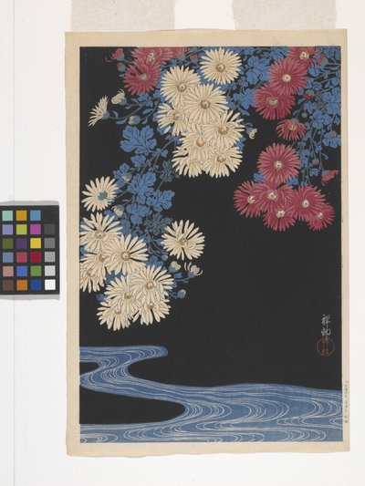 Krizantémok és patak (színes fatömbnyomat) alkotó: Ohara Koson