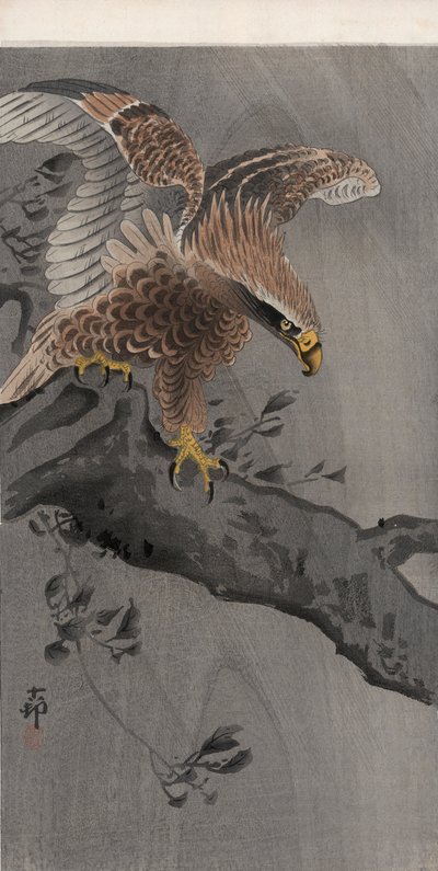 Sas széttárt szárnyakkal a fa törzsén (színes fatömbnyomat) alkotó: Ohara Koson