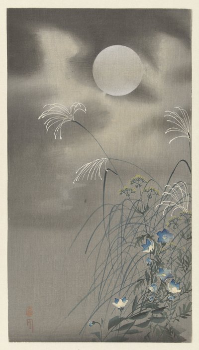 Füvek és virágok teliholdkor alkotó: Ohara Koson