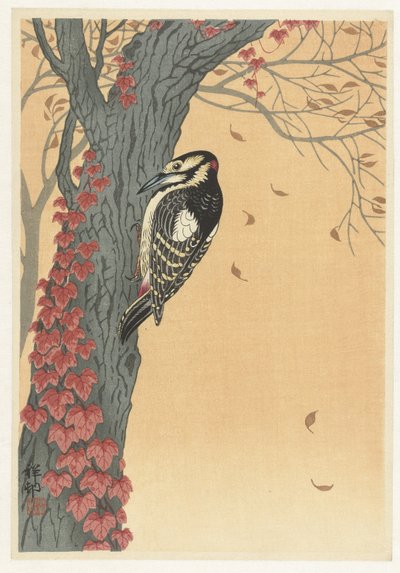 Nagy harkály vörös borostyáns fán alkotó: Ohara Koson