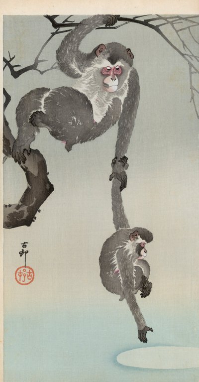 Majom és baba eléri a hold tükörképét alkotó: Ohara Koson