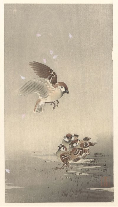 Gyűrűs veréb fiúval alkotó: Ohara Koson
