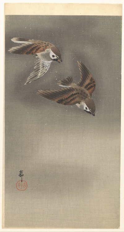 Gyűrűs verebek hóban alkotó: Ohara Koson