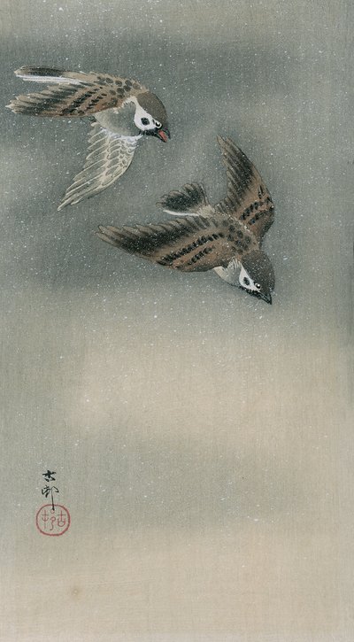Repülő verebek (színes fatömbnyomat) alkotó: Ohara Koson