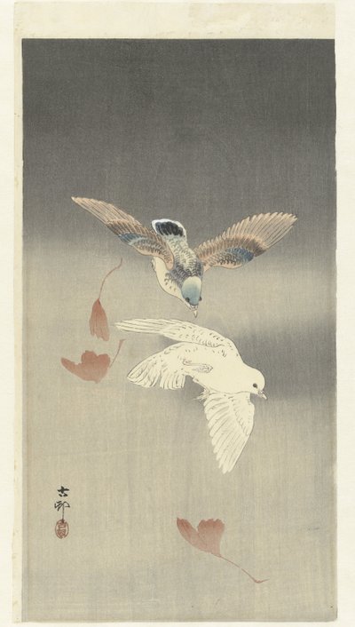 Két galamb hulló ginkgo levelekkel alkotó: Ohara Koson