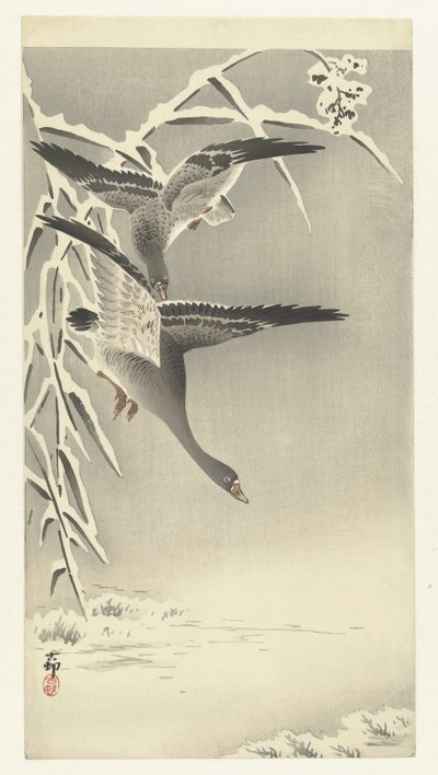 Két fehérhomlokú liba a havas tájon alkotó: Ohara Koson