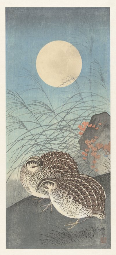 Két fürj teliholdkor. alkotó: Ohara Koson