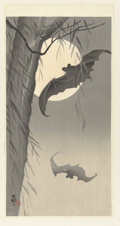 Két denevér teliholdkor alkotó: Ohara Koson