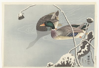 Két tőkés réce egy hóval borított lótusz közelében alkotó: Ohara Koson