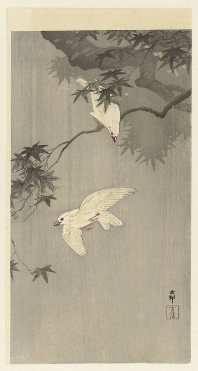 Madarak esőben alkotó: Ohara Koson