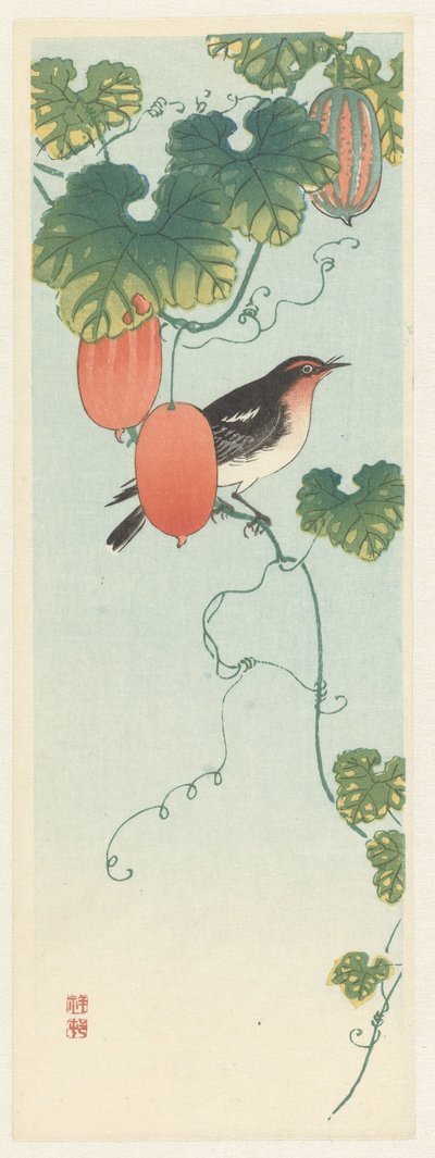 Énekesmadár uborka növényben alkotó: Ohara Koson