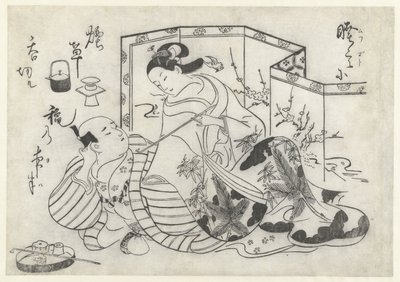 Japán férfi és nő dohányzik egy összecsukható képernyő előtt alkotó: Okumura Masanobu (attributed to)