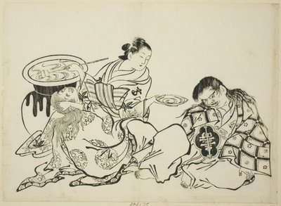 Courtesan Plying Shojo Sakéval, sz. 4 egy 12 nyomatból álló sorozatból alkotó: Okumura Masanobu