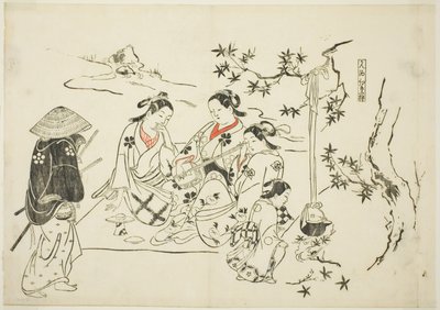 Heating Sake with Maple Leaves (Kanzake momijigari), 9. sz. egy 12 darabból álló sorozatból, amely színdarabok paródiáit ábrázolja. alkotó: Okumura Masanobu