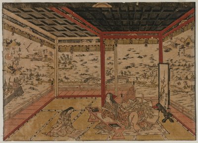 Lady Murasaki Ishiyamában, kilátással egy panorámára, nyolc kilátással a Biwa-tóra alkotó: Okumura Masanobu