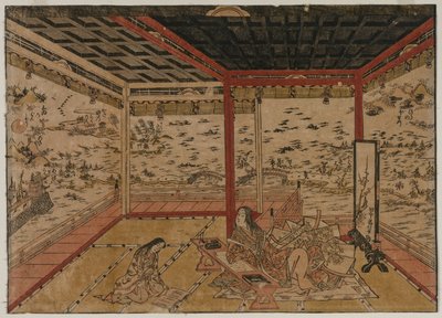 Lady Murasaki Ishiyamában, kilátással egy panorámára, hét kilátással a Biwa-tóra, 1740-es évek. alkotó: Okumura Masanobu