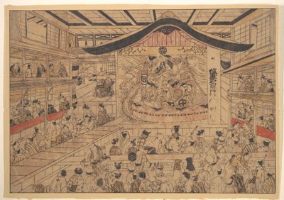 Perspektivikus látkép (uki-e) egy kabuki színházról, A Soga fivérek és Nagoya Sanza címermintái (Mon-zukushi Nagoya Soga) előadásával alkotó: Okumura Masanobu