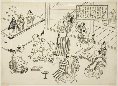 Egy bábszínház öltözője, a "Híres jelenetek a japán bábjátékokból (Yamato irotake)" sorozat tartalomjegyzéke alkotó: Okumura Masanobu