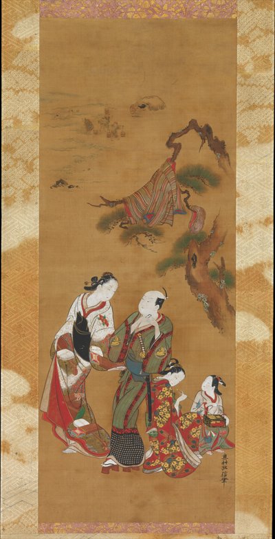 Yukihira und zwei Bräutjungfern in Suma alkotó: Okumura Masanobu