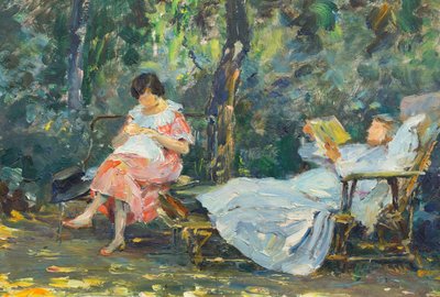 Olvasás és kötés a kertben (olaj a panelen) alkotó: Olga (1881 1941) Slomszynska