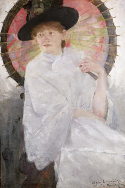 Japán napernyős hölgy portréja, olaj, vászon alkotó: Olga Boznanska