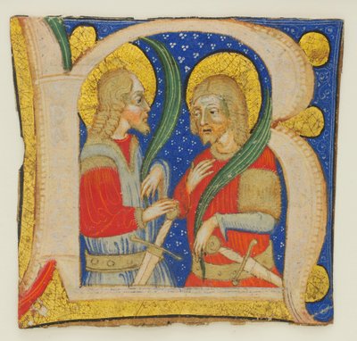 Kéziratos levélvágás, amelyen egy megvilágított R betű látható Szent Protasiusszal..., 15. század közepe. alkotó: Olivetan Master
