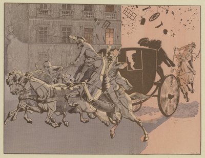 Napóleon csodálatos módon megmenekült egy bomba, a gépi pokolgép robbanása elől a Rue Saint-Nicaise-n, Párizsban, 1800. december 24. alkotó: Onfray de Breville Job