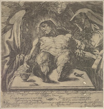 A három Mária siralma Krisztus teste felett, egy korsó kenőcs az asztalon ...-ig, 1615. alkotó: Orazio Borgianni