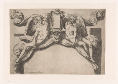 Kialakítás ajtókerethez, két zseni felfelé tartó kartusszal alkotó: Orazio de Santis (attributed to)