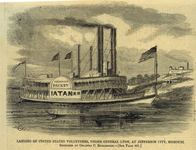 Az Egyesült Államok önkénteseinek leszállása Lyon tábornok alatt, Jefferson Cityben, Missouri államban. alkotó: Orlando C. Richardson