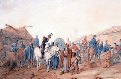 A brit hadsereg utánpótlási bázisa a Balaclava (Balaklava) kikötőben - Norie, Orlando (1832-1901) - 1854 - Akvarell papíron - 36,3x52,6 - Magángyűjtemény alkotó: Orlando Norie