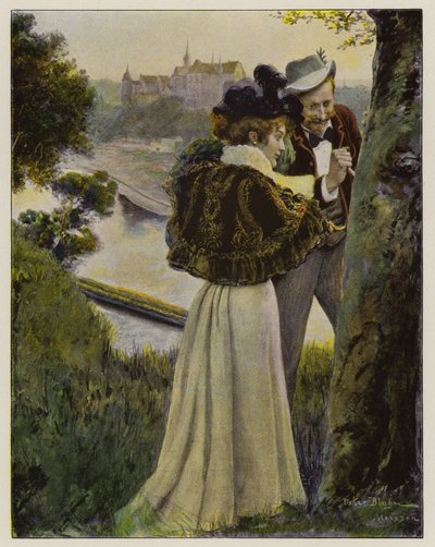 Pár, aki a kezdőbetűit egy fa kérgébe faragja (színes litho) alkotó: Oscar Bluhm
