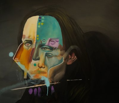 Portré egy lila éjszakáról, 2021-23 (olaj és sprayfesték vászonra) alkotó: Oscar Nin