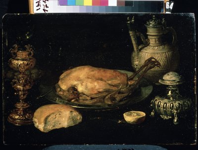 ""Csirke, citrom, kenyér, ezüst edények és olajlámpa csendélete"" (Csendélet) Idősebb Osias Beert festménye (1580-1624) 17. századi Mikhail Kroshitsky Művészeti Múzeum, Szevasztopol (Szevasztopol) Ukrajna alkotó: Osias the Elder Beert