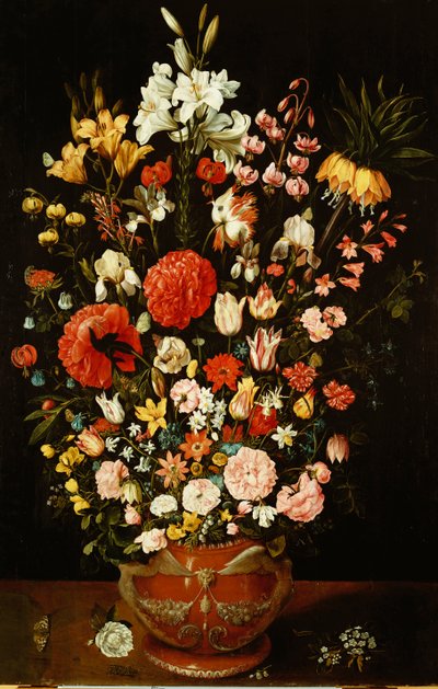 Tulipánok, liliomok, íriszek, rózsák, szegfű, bazsarózsa és más virágok faragott terrakotta urnában alkotó: Osias the Elder Beert