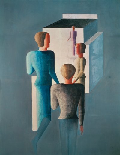 Négy figura és egy kocka (festmény vászonra) alkotó: Oskar Schlemmer