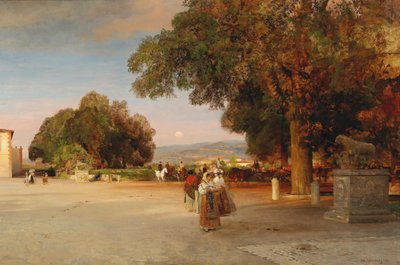 Francia: Promeneurs sur la terrasse de la Villa Grazioli à Grottaferrata Jelenet alkonyatkor a Villa Grazioli teraszán Grottaferratában alkotó: Oswald Achenbach