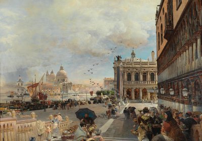 Velence, a Piazzetta, a Biblioteca Marciana, a Santa Maria della Salute és a Dogana látképe alkotó: Oswald Achenbach