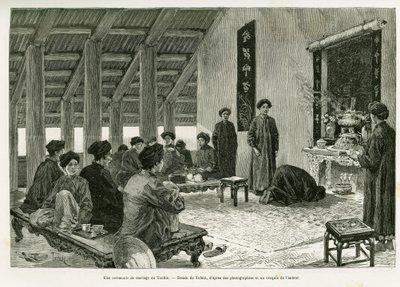 Esküvői szertartás Tonkinban. Tofani metszet a Trente mois au Tonkin című történetének illusztrálására, 1884-ben, Dr. Paul Hocquard, in le tour du monde 1890, Edouard Charton (1807-1890) irányításával, Hachette, Párizs. alkotó: Oswaldo Tofani
