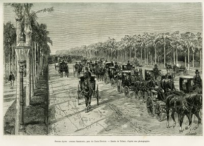 Buenos Aires, Sarmiento sugárút, Három Február Park. Tofani metszet, a Voyage a la Plata című történet illusztrálására 1886-ban, Emile Daireaux, in le tour du monde 1888, rendező: Edouard Charton (1807-1890), Hachette, Párizs. alkotó: Oswaldo Tofani
