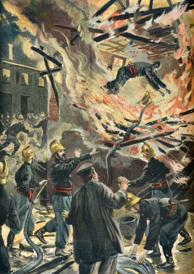 Bailly tűzoltó halála egy malomtűz során Bourges-ban, 1898-ban (metszet) alkotó: Oswaldo Tofani