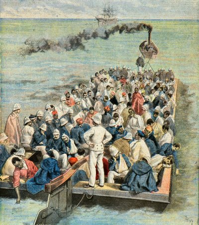 A madagaszkári expedíció sebesültjeinek beszállása a hajókórházba 1896-ban (metszet) alkotó: Oswaldo Tofani