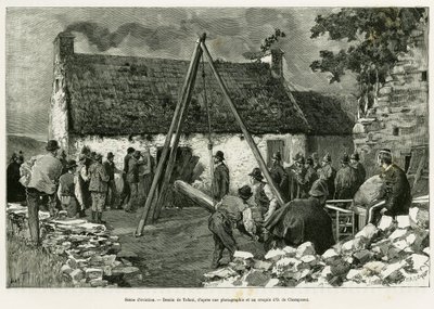 Kilakoltatási jelenet. Tofani metszet a Három hónap Írországban című történet illusztrálására, 1889-ben, Marie Anne de Bovet, in le tour du monde 1890, rendező: Edouard Charton (1807-1890), Hachette, Párizs. alkotó: Oswaldo Tofani