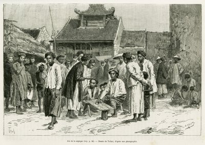 A sapeque játéka. Tofani metszet a Trente mois au Tonkin című történetének illusztrálására, 1884-ben, Dr. Paul Hocquard, in le tour du monde 1890, Edouard Charton (1807-1890) irányításával, Hachette, Párizs. alkotó: Oswaldo Tofani