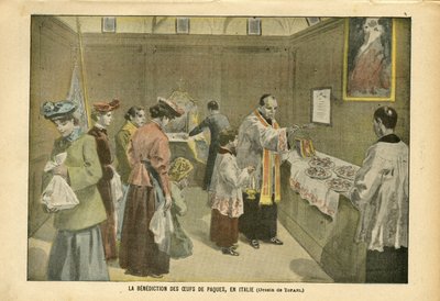 Illusztráció: Oswaldo Tofani (1849-1915) Le Pelerinben, 04.03. - A húsvéti tojások áldása Olaszországban - Olaszország, Valláshit, Húsvét, Katolikus Katolicizmus - Tojás alkotó: Oswaldo Tofani