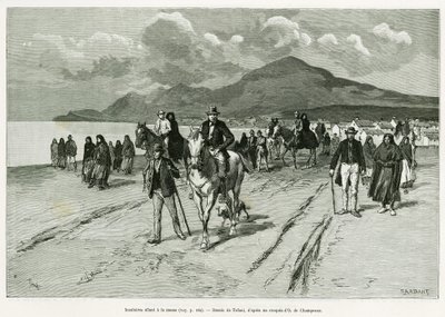 A szigetlakók misére mennek. Tofani metszet a Három hónap Írországban történet illusztrálására, 1889-ben, Marie anne de Bovet, in le tour du monde 1890, rendező: Edouard Charton (1807-1890), Hachette, Párizs. alkotó: Oswaldo Tofani