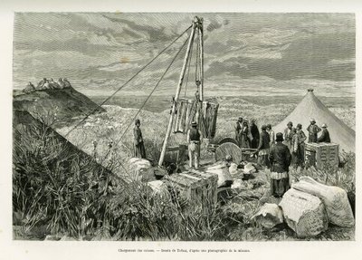 A régészeti ásatások ládáinak betöltése, Perzsia. Tofani metszet, az A Suse című történet illusztrálására alkotó: Oswaldo Tofani